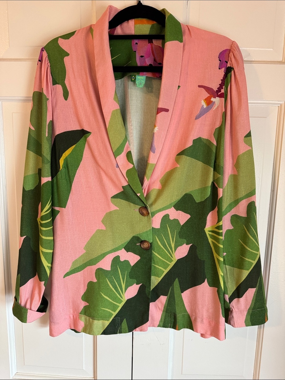 NWOT Farm Rio Tropicalist Pink/Green Lightweight Linen/Viscose Blazer Jacket - Picture 2 of 13